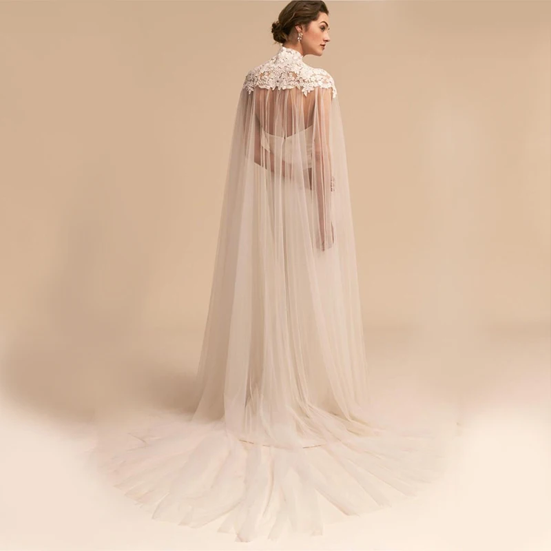 Bridal wedding shawl applique high collar transparent mesh cloak train church wedding jacket stage pageant dress accessories