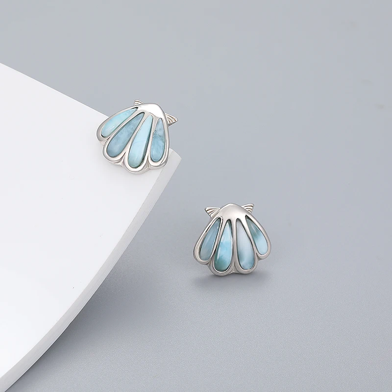 Summer Shell Design Geometry Natural Gem Larimar Earrings 925 Sterling Silver Women Jewelry Drop Shape