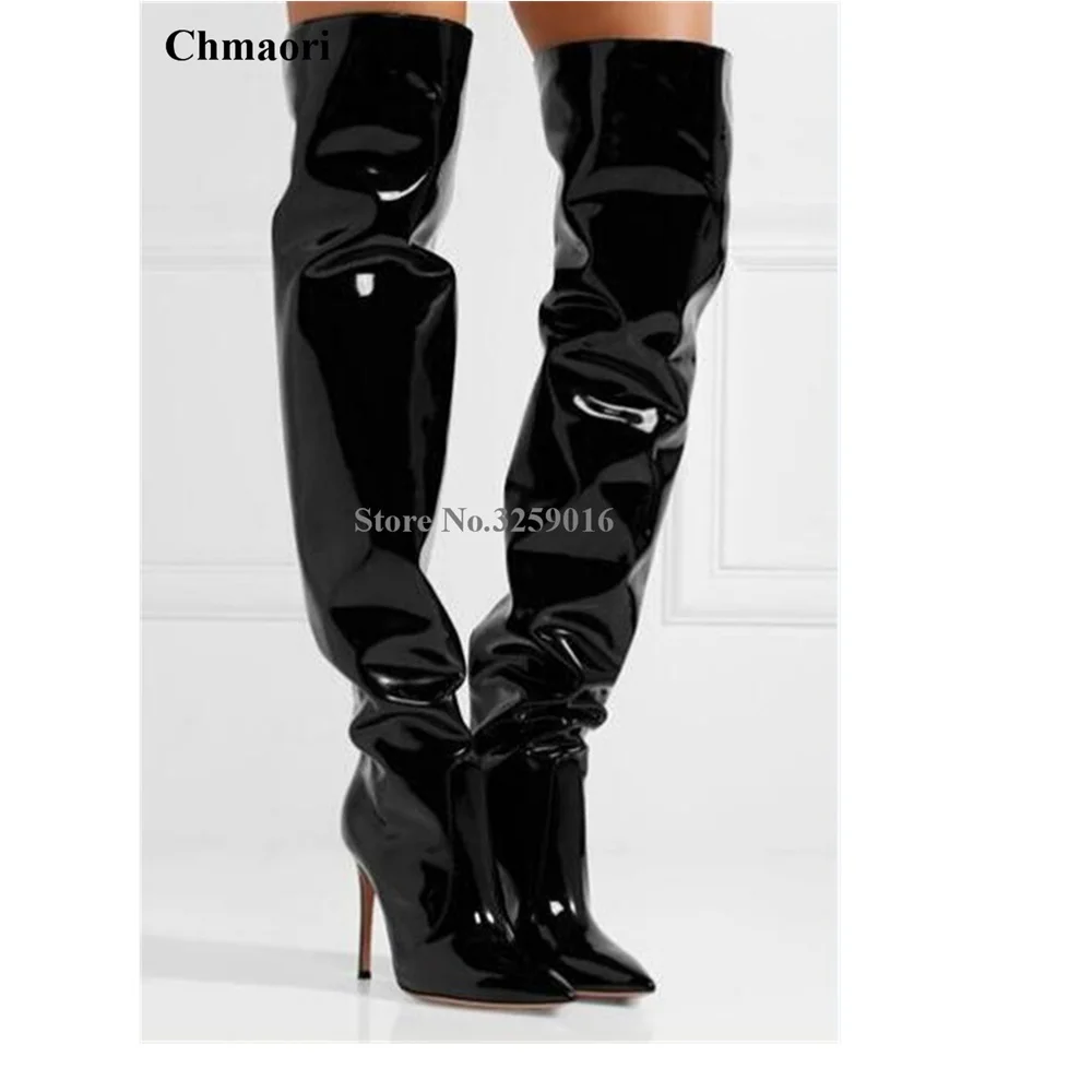 Women Sexy New Fashion Pointed Toe Black Patent Leather Over Knee Boots Shining Slip-on Long High Heel Boots Dress Shoes