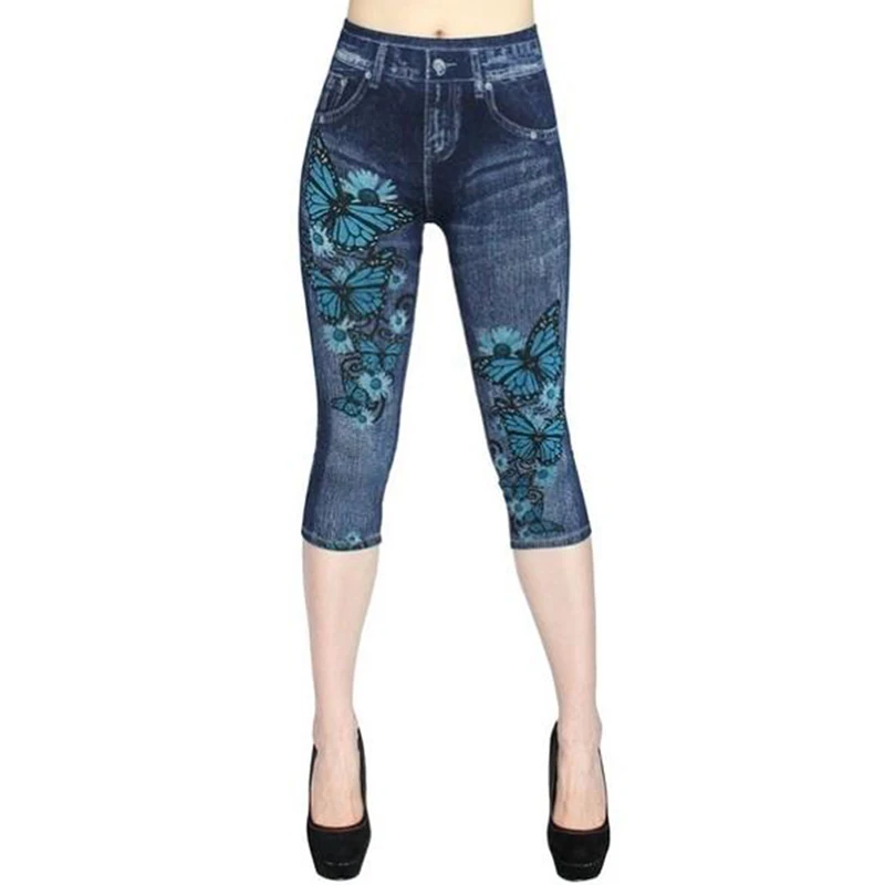 New Faux Jeans Leggings Women Stretch Printed Short Leggins Plus Size Calf-Length Pants Summer Breeches High Waist Jeggings