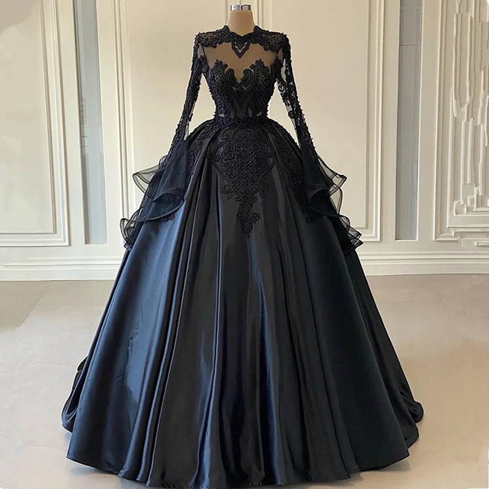 

Luxury Black Pearls Beads Lace Long Prom Dresses 2021 Sexy Illusion Tulle Long Sleeve Ball Gown Evening Prom Gowns Party Dresses