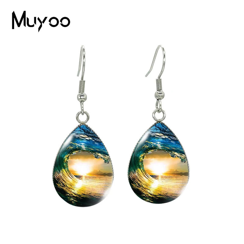 2021 New Sunlight Sunset Tear drop Earring Sea Wave Painting Fish hook Earrings Glass Cabochon Jewelry Handmade Items