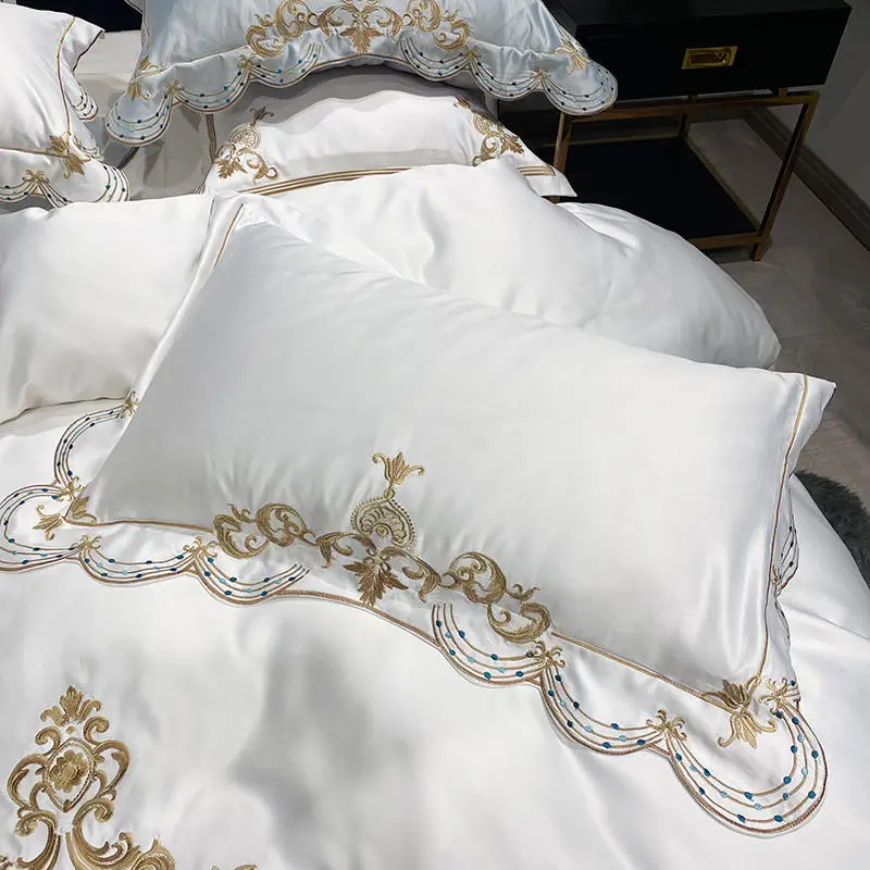 Imagem -06 - Conjunto de Cama de Cetim Branco com Bordado Dourado Luxury Duvet Cover Saia de Cama Princesa Fronhas Colcha 100 Algodão Folha