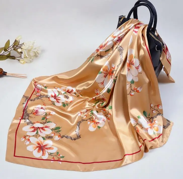 90*90cm Square Silk Scarf Luxury Brand Women Wintersweet Flower Print Neck Scarves Big Foulards Femme Bandana Handkerchief