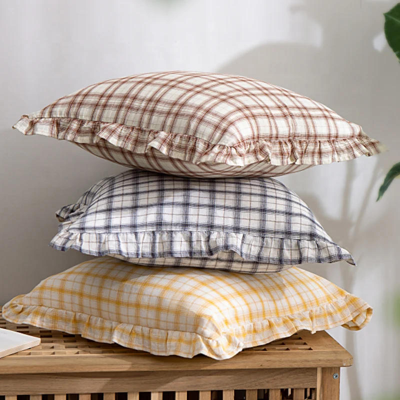 Check Cushion Cover Coffee Black Yellow Green Cotton Skirt Fringed Pillow Cover 45x45cm Home Decor for Living Room Bed Room