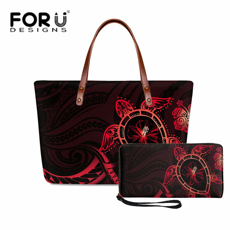 

Fashion Custom Handbag Set Hawaiian Hibiscus Turtle Pattern Shoulder Bag Tote and PU Wallet Soft Beach Bag Clutch for Ladies