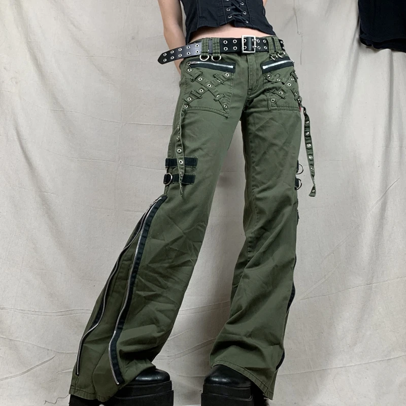 Bandage Low Waist Cargo Pants Gothic Punk Baggy Retro Kawaii Trousers Grunge Green Zipper Jeans Women Korean Sweatpants