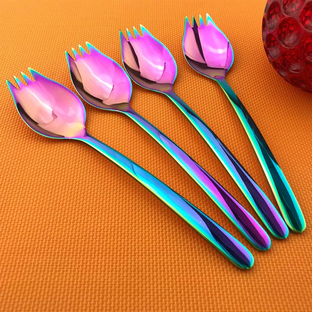4 Pcs Rainbow Spork for Household Camping Travel Hiking 18/10 Stainless Steel Spoon Fork Noodles Appetizer Dess ert Spoon