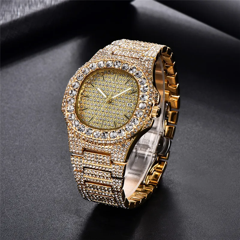 Hip Hop Full 1Row Iced Out Mens Watches Luxury Date Quartz Wrist Watches Stainless Steel Watch For Women Men Jewelry