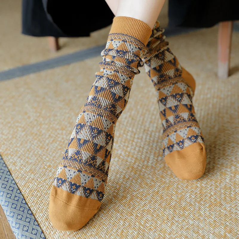 National Style Geometric Vintage Socks Women High Quality Cozy Breathable Combed Cotton Socks For Autumn Winter Warm Sock Sox