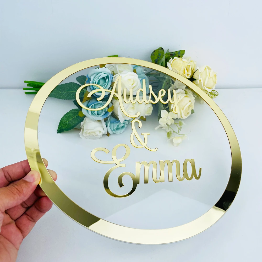 Personalized Bride Groom Name Mirror Frame Transperant Custom Wedding Signage Acrylic Sticker Word Sign Circle Shape Plate Decor