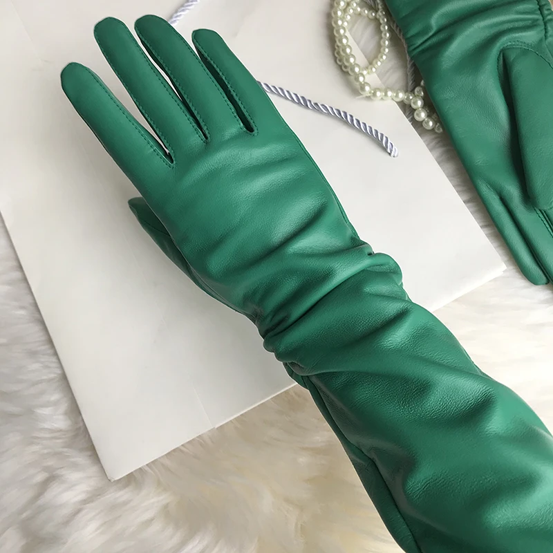 Female Long Genuine Leather Gloves,100% Sheepskin Women\'s Long Gloves,Green Winter Long Real Leather Gloves Cold protection