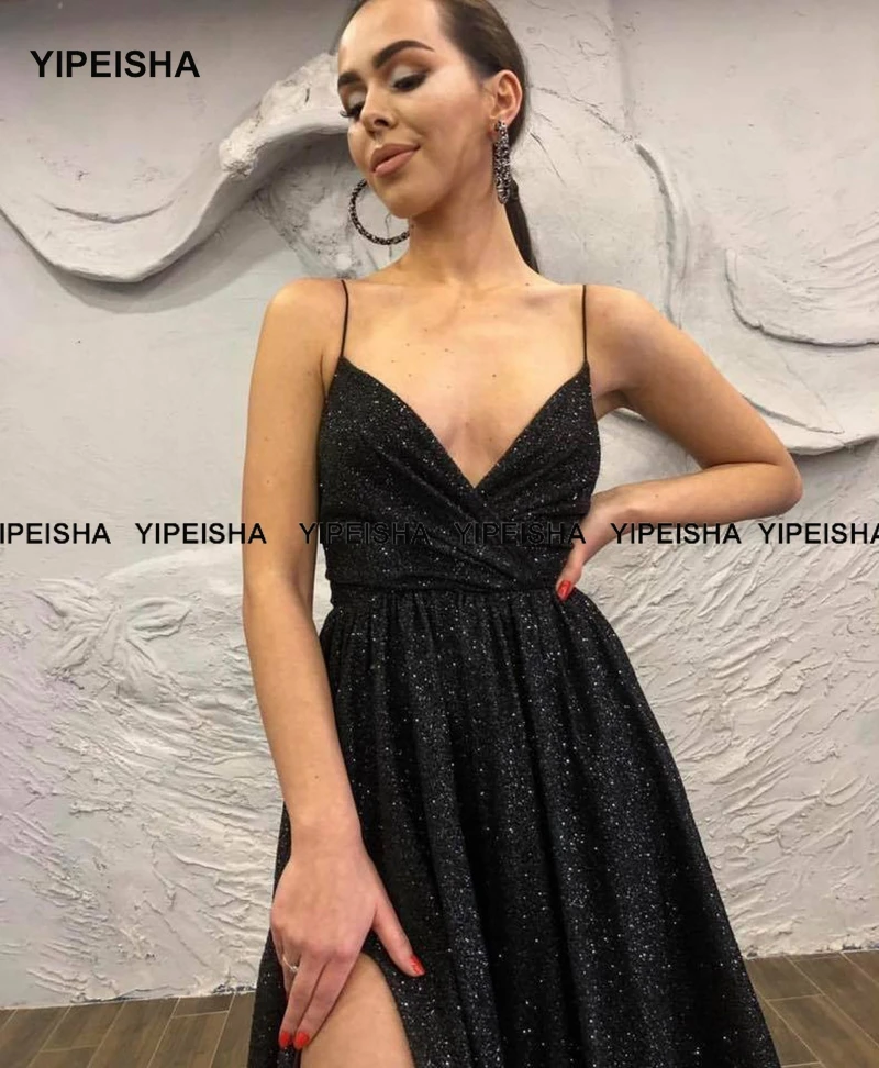 Yislit vestido de formatura peisha, vestido preto de baile com lantejoulas laterais vestido de festa de noite plus size