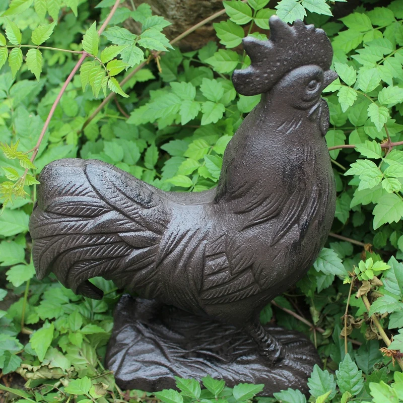 Antique Black Big Rooster Cast Iron Figurine European Country Side Handmade Home Garden Decor Vintage Metal Cock Animal Statues