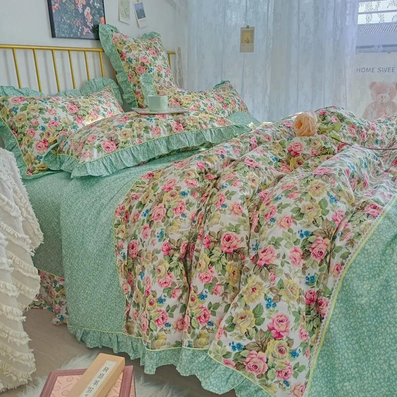 Elegant French Country Spring Garden Farmhouse Vintage Duvet cover set Girls 4/6Pcs100%Cotton Bedding Set Bed Sheet Pillowcases