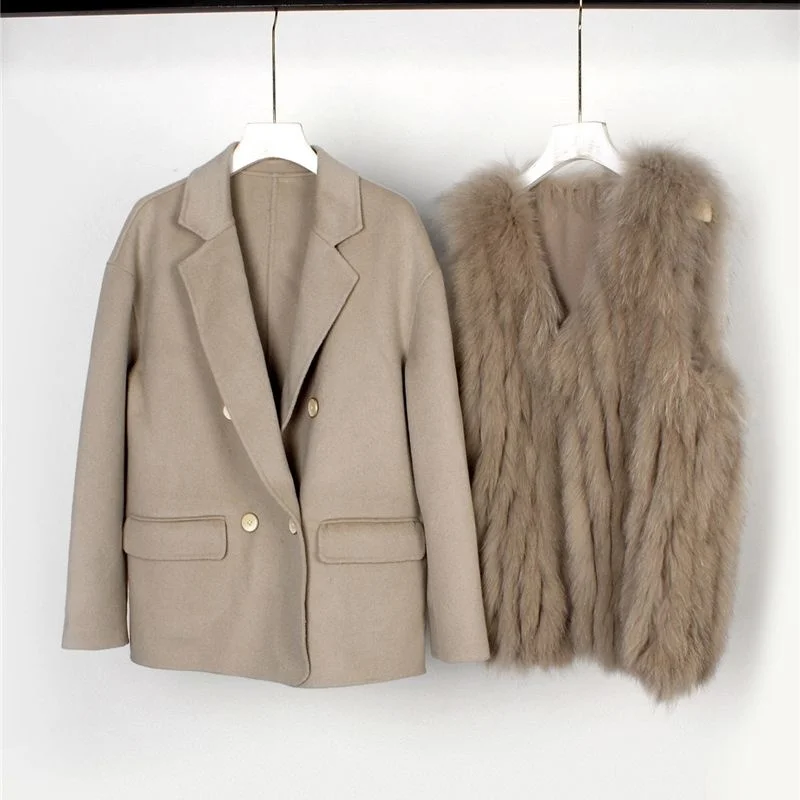 

New Genuine Real Natural Fox Vest Fur Strip Sewed Toghter Double Sided Wool Cashmere Woolen Coat Two-piece Suit