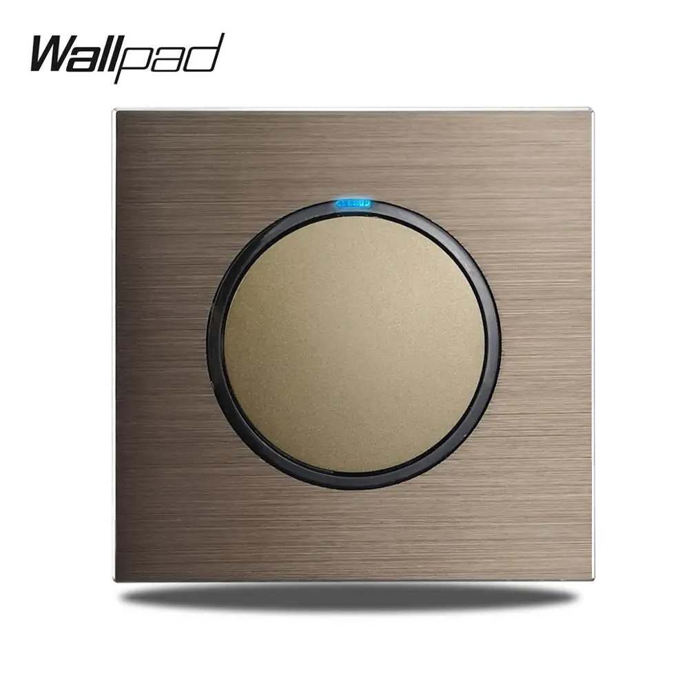 Wallpad L6 Brown Metal Brushed Aluminum Satin Metal Panel LED Indicator Round Design 1 Gang Single Push Click Wall Light Switch