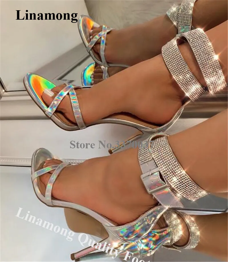 

Linamong Shining Silver Leather Stiletto Heel Rhinestone Gladiator Sandals Ankle Straps Crystal High Heel Sandals Wedding Shoes