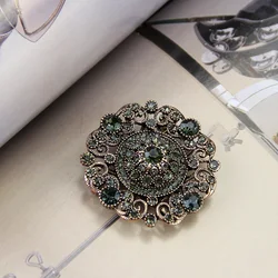 Sunspicems Turkish Gray Crystal Brooch for Women Retro Gold Color Round Flower Scarf Pins Bohemia Vintage Rhinestone Jewelry