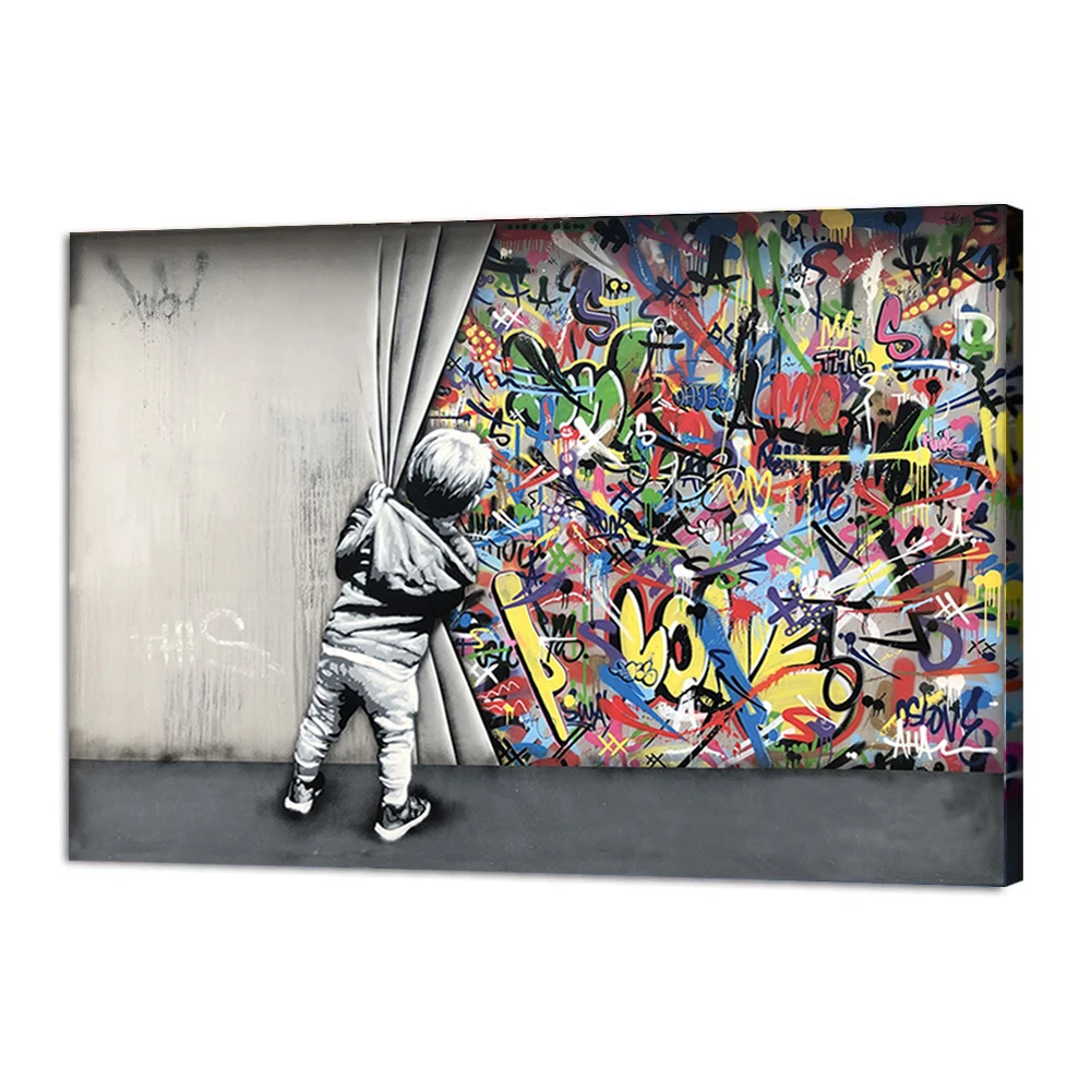 Framed Ready to Hang Graffiti Art Paintings on the Wall Posters and Prints Kids Behind The Curtain Abstract Pictures Home Decor