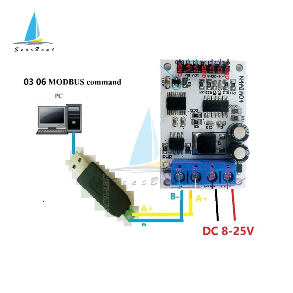 8-25v 4-20ma/0-20ma/0-5v/0-10v 4ch電圧アナログ取得rs485 Modbus rtu adcモジュール4チャンネル現在のコレクション