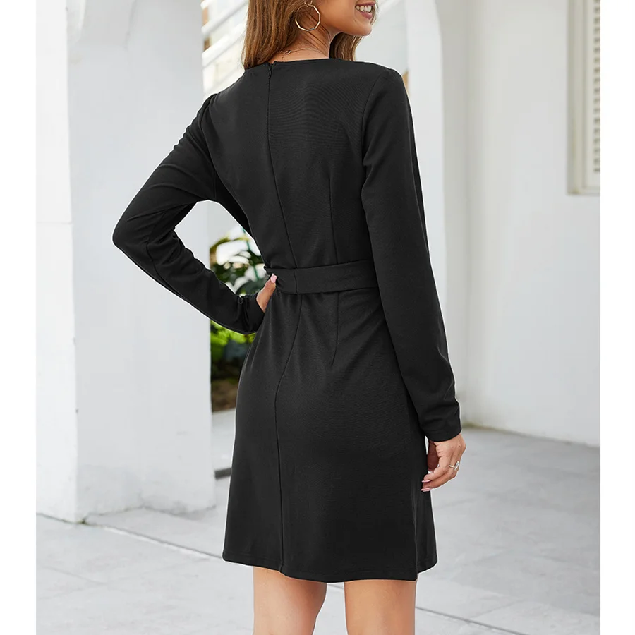 Pdfmily 2019 High St Black Dresses Women Winter Autumn Solid Slim Sexy V-Neck Long Sleeve Belt Short Dress With 3 Colors 01011