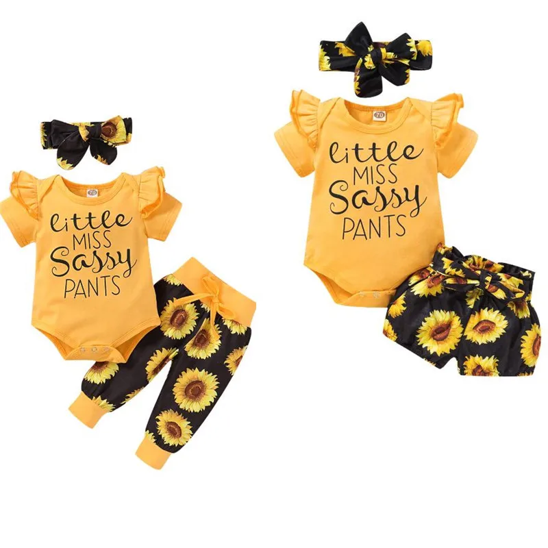 2020-03-23 Lioraitiin  0-24M 3Pcs Newborn Baby Girl Clothes Set Print Sunflower Short Sleeve Romper Pant Sassy Cotton Outfit