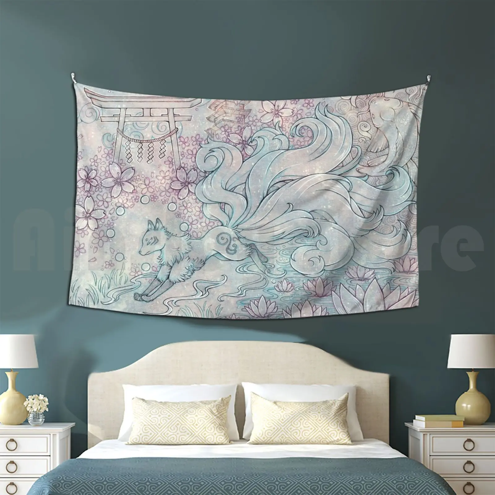 Kitsune Fox With Shinto Shrine Tapestry Background Wall Hanging Fox Kitsune Ninetail Nine Tail Ninetails Nine Tails