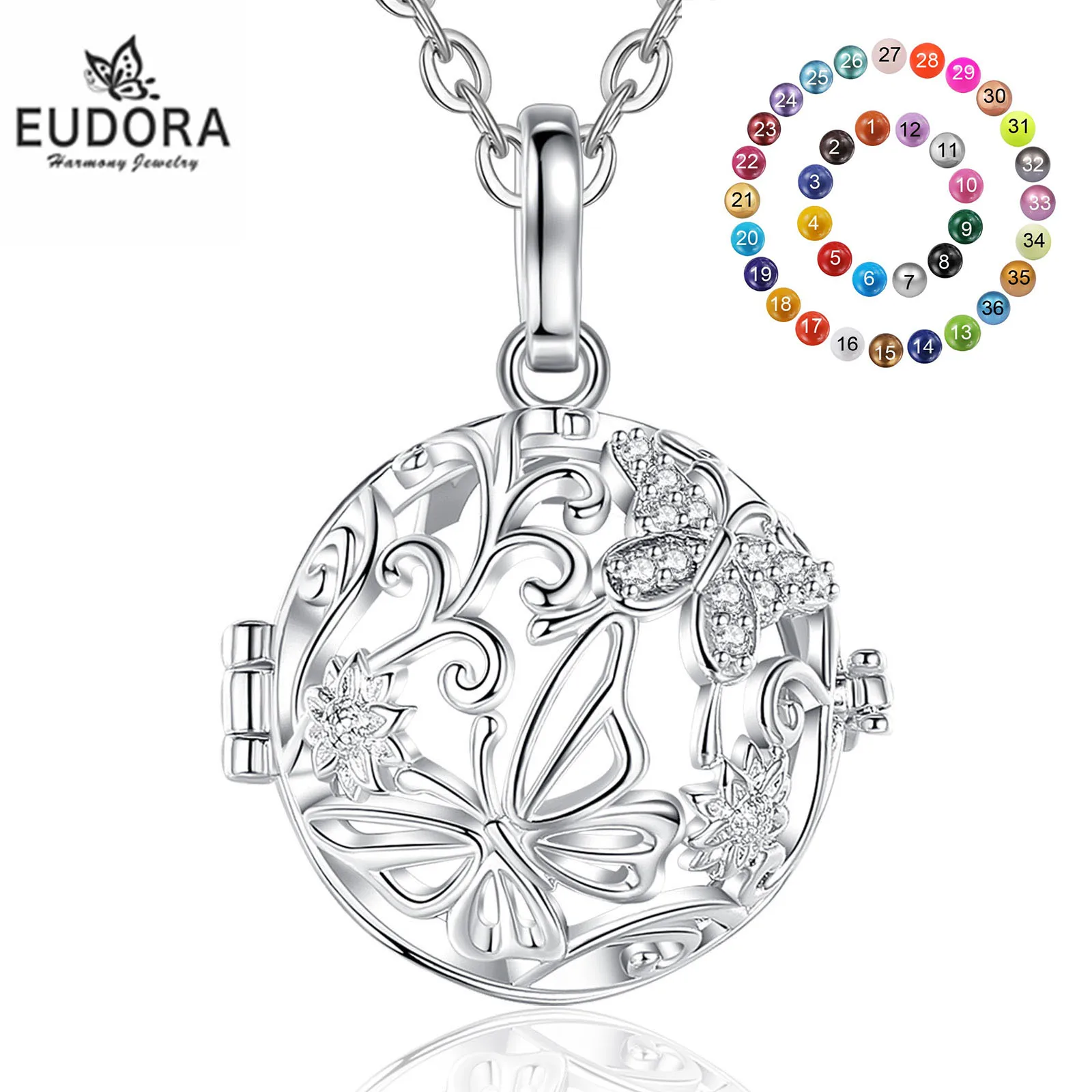 Eudora Butterfly and Flower Pendant Pregnant Woman Harmony Ball Pendant Necklace for Pregnant Woman Baby Gift