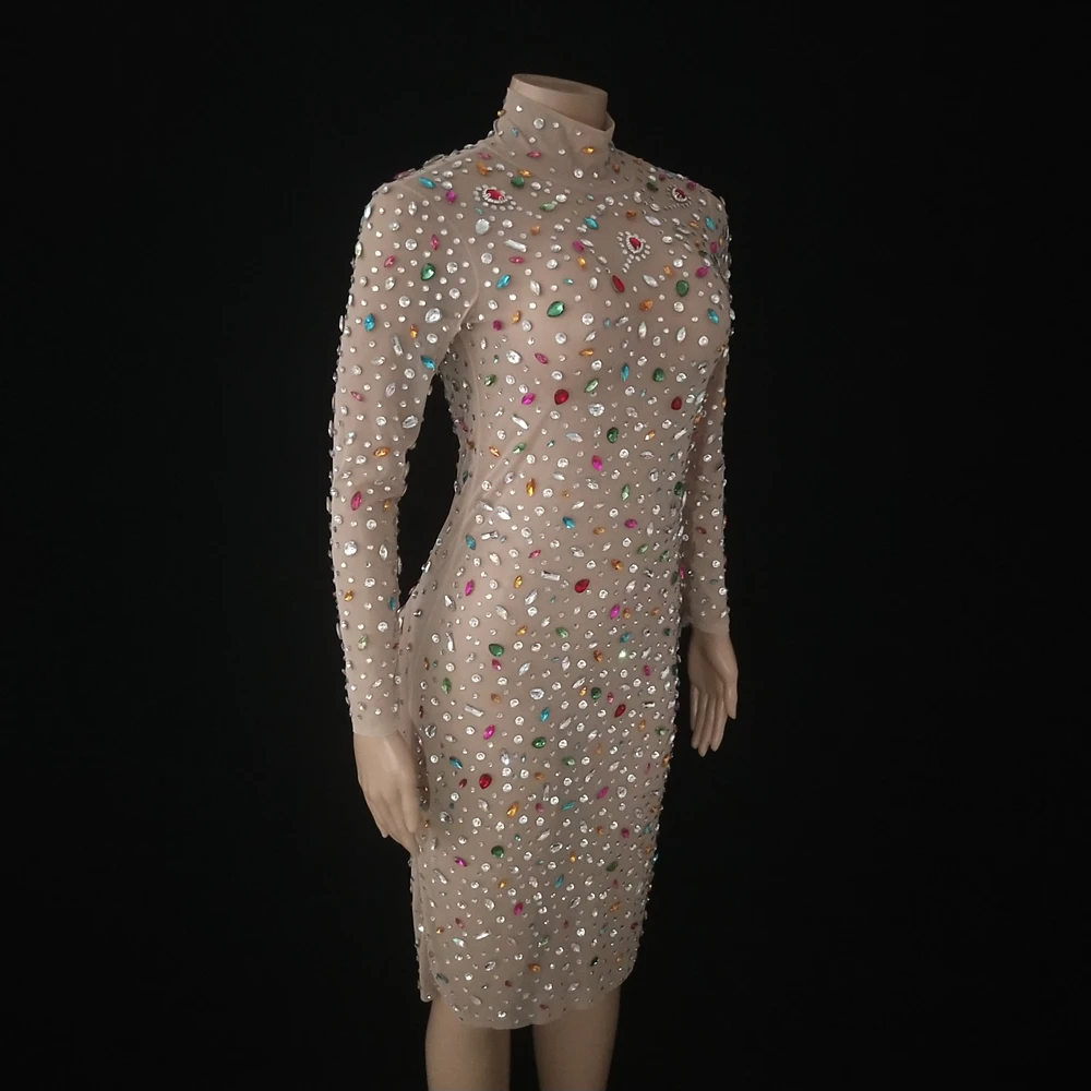 Sukienka siateczkowa długa seksowna transparentna błyszcząca wielokolorowa z dżetami rękaw elastyczny modna na studniówkę wieczorowa kryształowa na przyjęcie urodzinowe