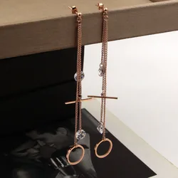 Fashion Jewelry Long Beads Hanging Side Chain Crystal Rose Gold Color Tassel Titanium Steel Stud Earrings for Women Wholesale