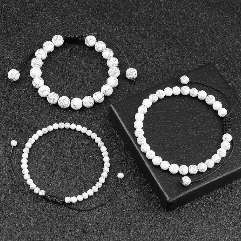 Adjustable Howlite Beads Bracelet Men 4 6 8mm Natural Stone White Bracelet Women Handmade Yoga Bangles Meditation Prayer Jewelry