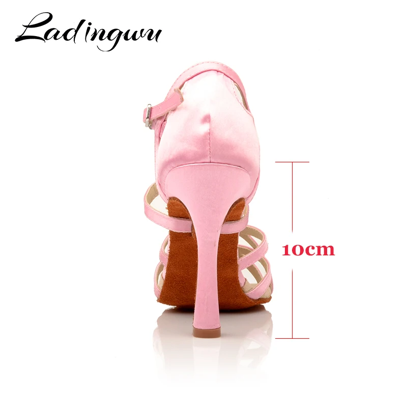 Ladingwu Dance Shoes Latin Women Pink Satin Salsa Dance Shoes unique design Plush insole Ballroom Dance Shoes Cuba Heel 10cm