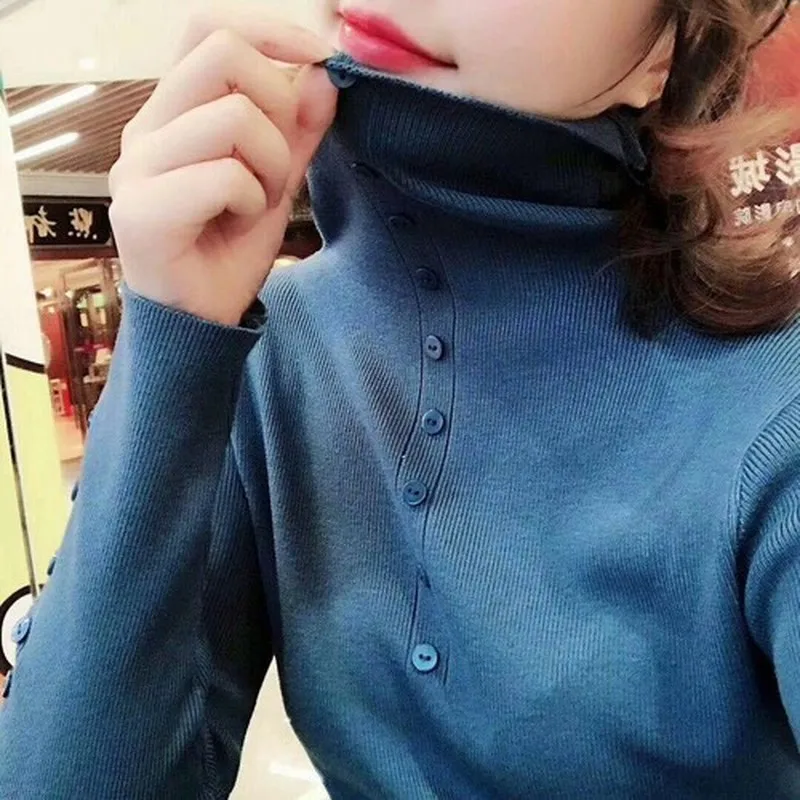 Jersey de manga larga para mujer, Jersey ajustado de cuello alto con botones, Color sólido, coreano, otoño e invierno, 2020