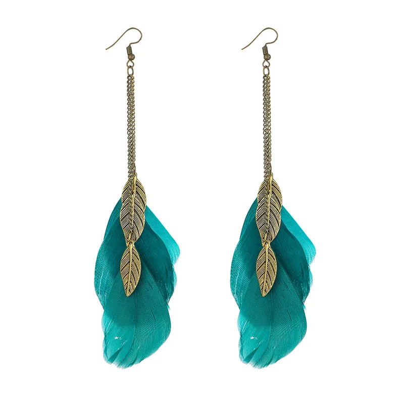 Women\'s Boho Green Feather Earrings Brincos Bijoux Summer Vintage Gold Color Leaf Alloy Long Chain Tassel Drop Earrings