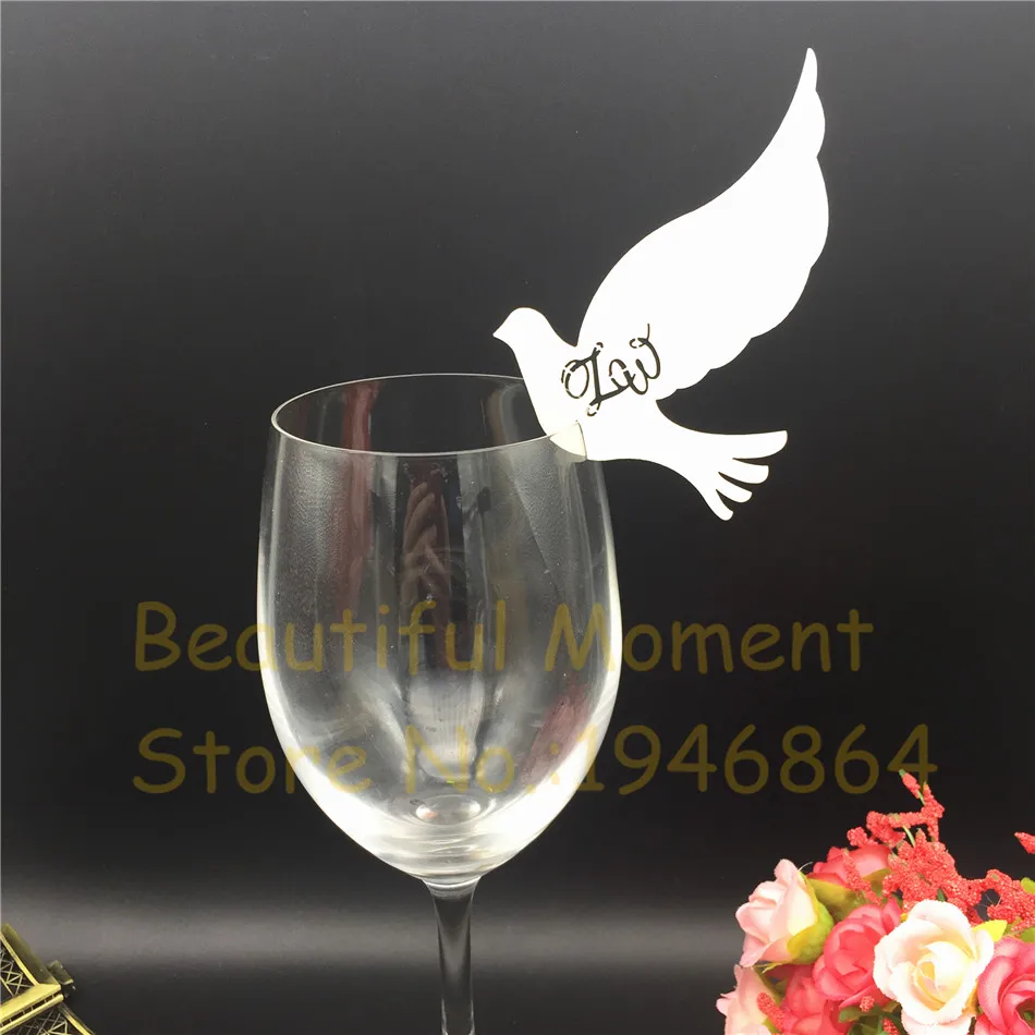 

50pcs Peace Dove Love Birds Wine Glass Name Markers Place Cards Wedding Table Number Cards Valentine's Day Party Decorations