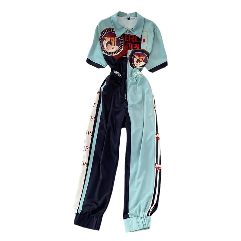 2022 Summer Women Jumpsuits Patchwork Fashion Print Cargo Pants Lapel Short Sleeve High Waist Romper Female Loose Overalls