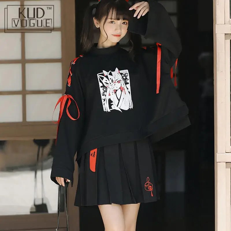 Japanese Oversized Printed Anime Hoodie Women Gothic Street Cool Black Pullover Harajuku Girls Kawaii Comic Cropped Sweatshirt