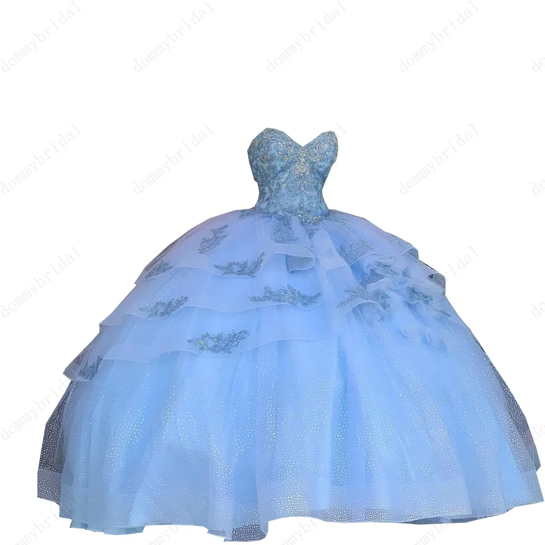 Mode Bleu Clair Puffy Princesse Robes De Quinceanera 2021 Pas Cher Longue Chérie Volants Tulle XV 15 Ans 16 ans Robes De Bal