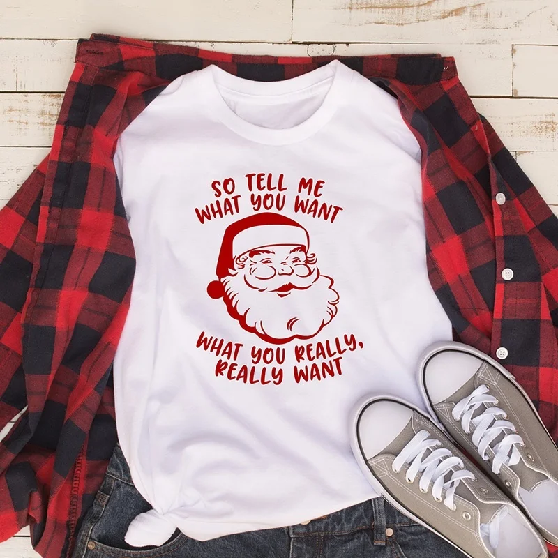 Casual Pure Cotton Christmas Tees Art Top Tell Me What You Really Want New Fashion Cute Santa Avatar Letter Print Women T-shirts