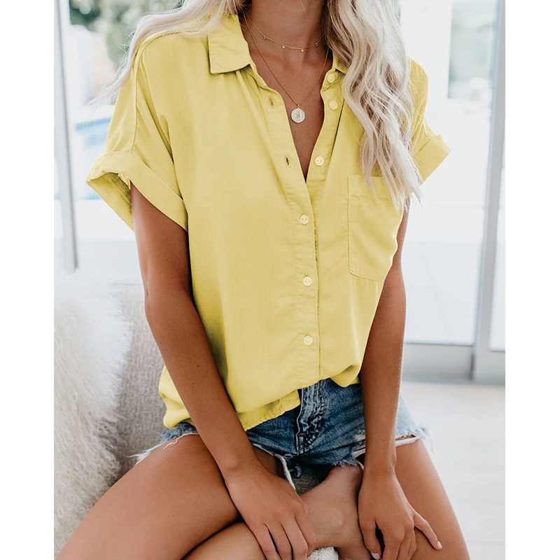 

Women Casual Solid Tops Casual Short Sleeve Button Shirts LadyTurn Down Collar Loose with Pocket Single-Breasted Summer Fashion