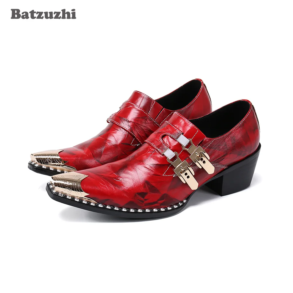 Batzuzhi Handmade Men's Shoes Golden Pointed Iron Toe Leather Dress Shoes Men Formal Business Leather Men Shoes 6.5cm High Heels