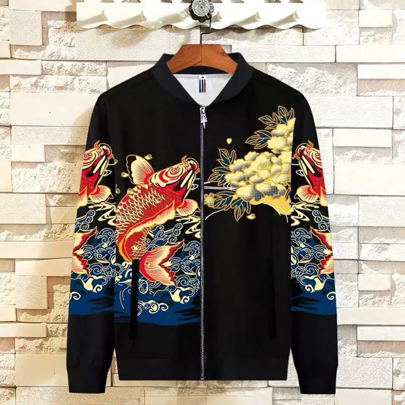 Autumn and winter new men\'s skull jacket casual sports mermaid and fish print coat fashion camouflage zipper jacket clothes