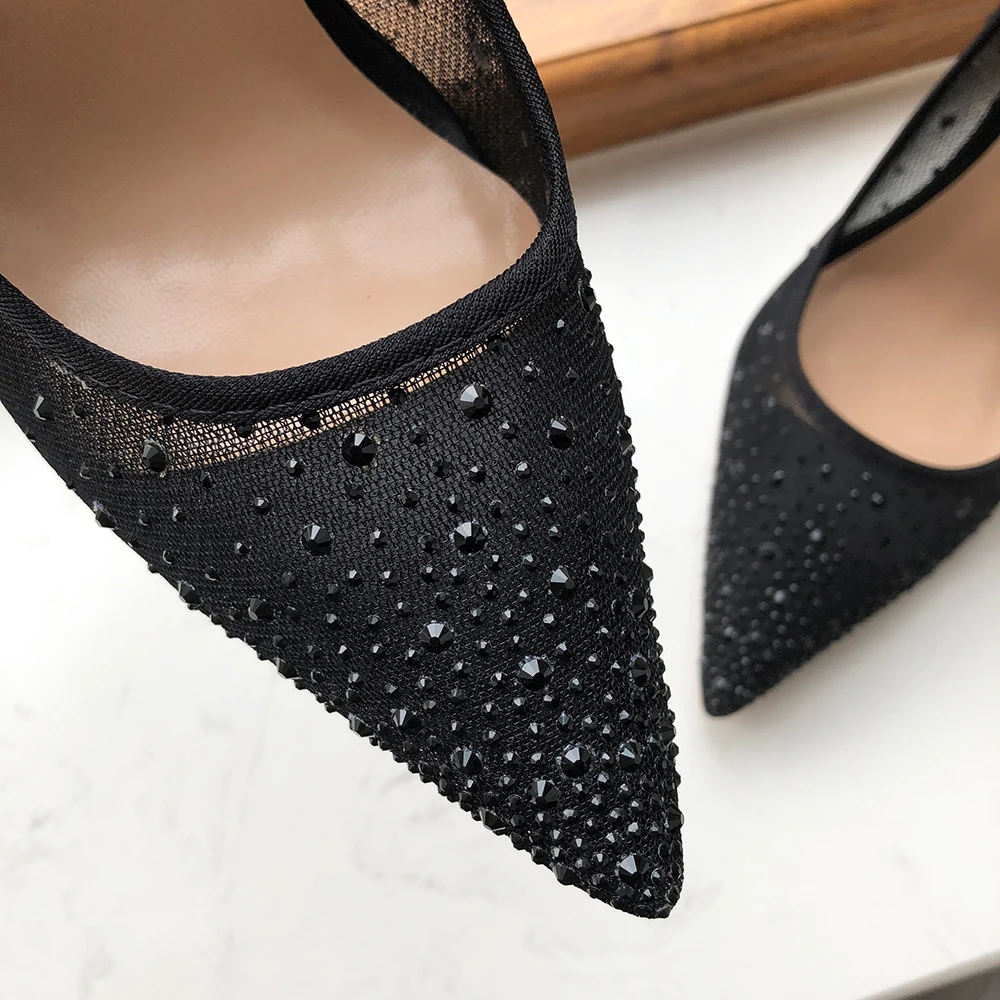 Tikicup Croc-effect Women Pointed Toe Mesh Pumps With Tiny Studs Black Sexy Ladies Party High Heel Shoes Diamond Pumps