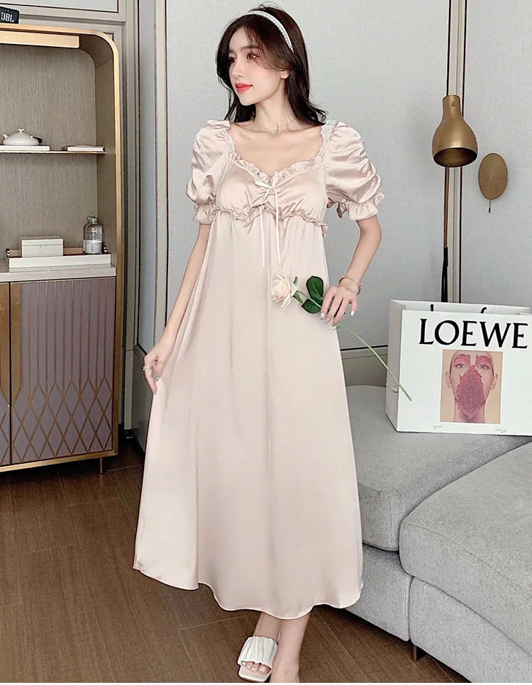 

Champagne Women Rayon Nightgown Bud Sleeve Long Nightdress Princess Sleepshirt Sexy Square Collar Skirt Summer Loose Home Dress