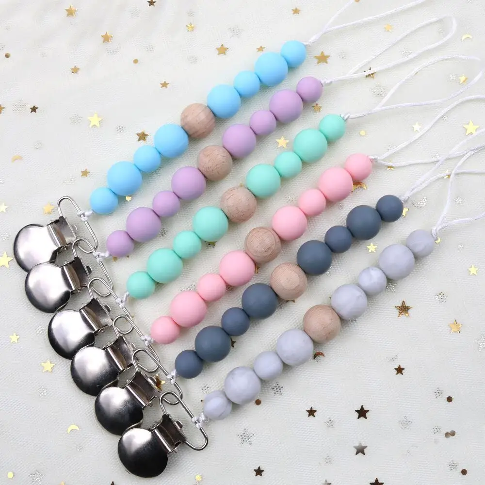 New Pacifier Clip Food Grade Silicone Beech Beads Baby Teething Toy Silicone Bead Pacifier Chain Baby Products Wholesale