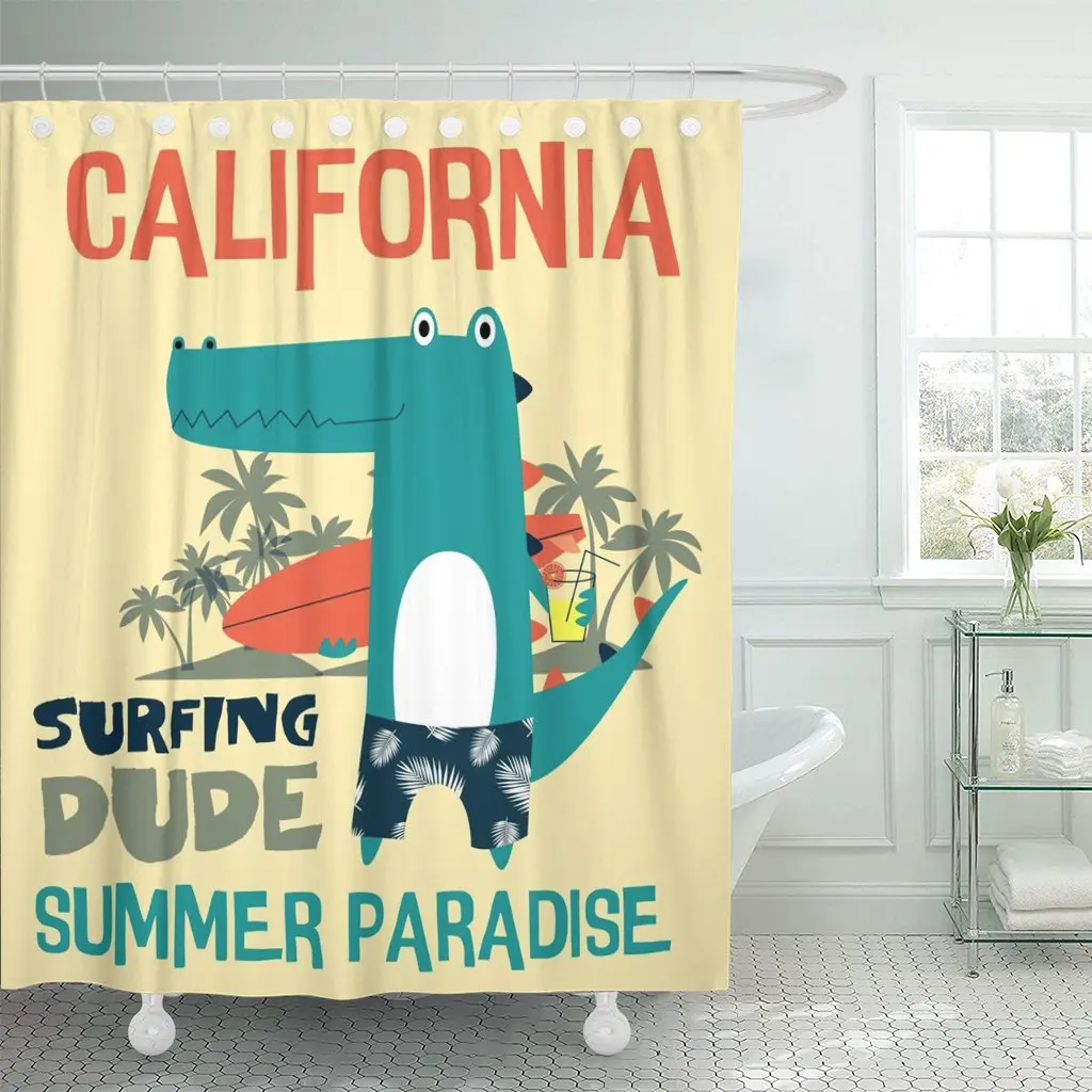 Tee Surfing Dude Crocodile Design Graphics California Shower Curtain Polyester 72 x 72 Inches Set with Hooks