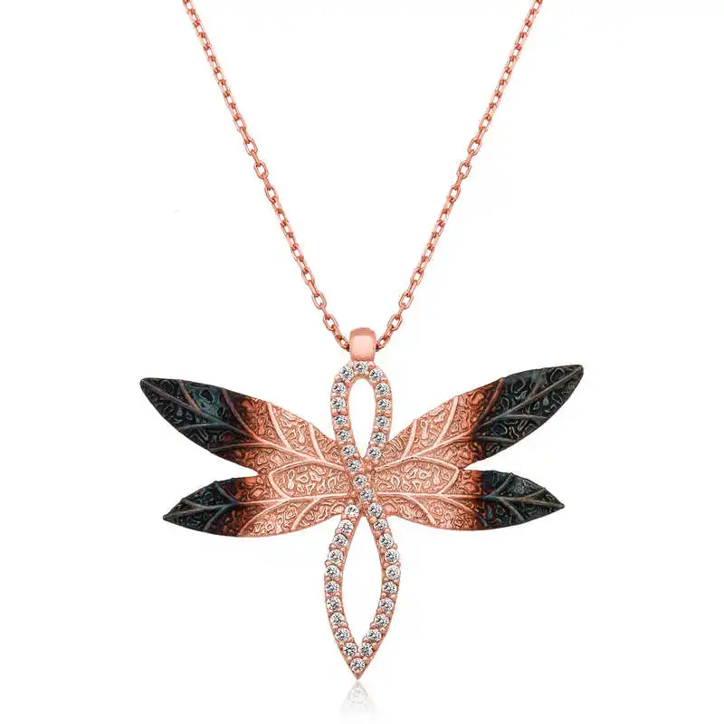 Silver Dragonfly Women Necklace Zircon Stone 925 Sterling Women Fine Jewelry Wedding Party Birthday Gift - Box - Pendant - Chain Choker - Female - Ladies - Fashion