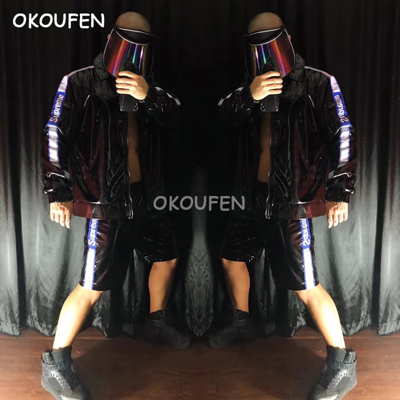 

New Fashion Man hip hop Leather Baseball Uniform Jacket set Male singer performance wear nightclub DJ DS stage show dance set