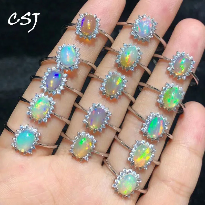 

CSJ Good Quality Natural Ethiopia Opal Rings 925 Sterling Silver 1PC Gemstone 7*5mm Jewelry for Women Lady Wedding Party Gift